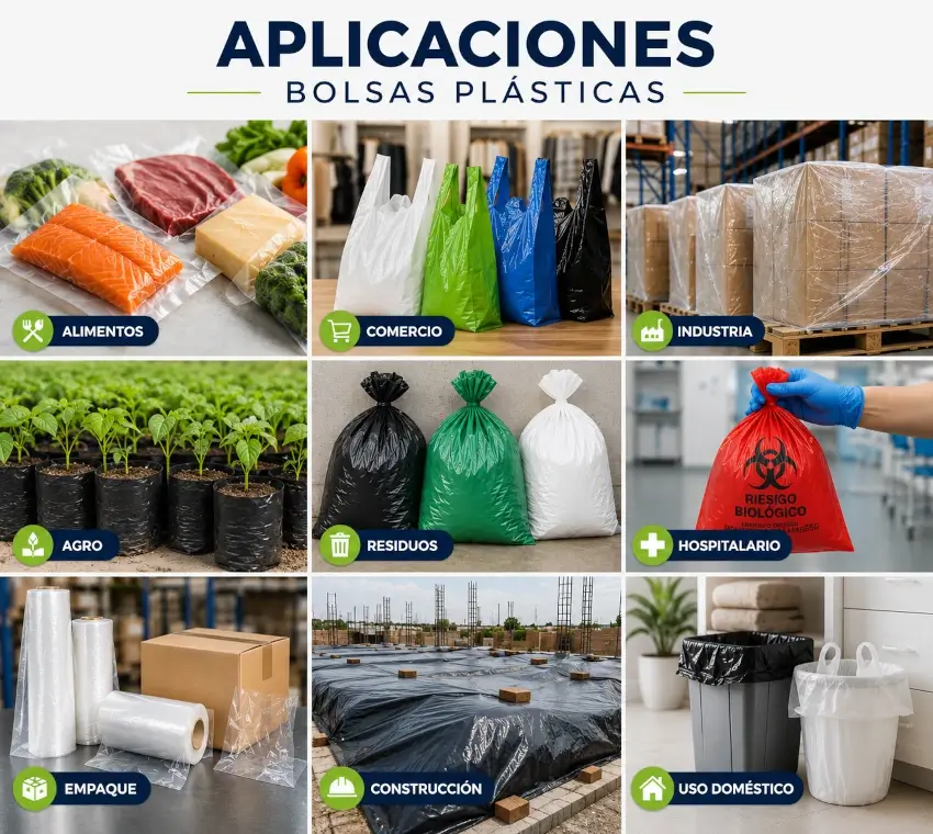 Aplicaciones de bolsas plásticas en comercio, industria, alimentos y salud