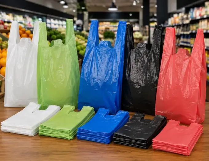 Bolsas plásticas tipo camiseta con manija para comercio