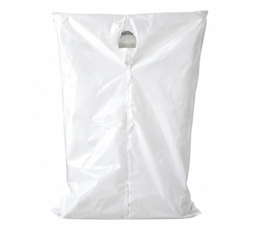 Bolsa blanca extendida con abertura visible en su extremo superior