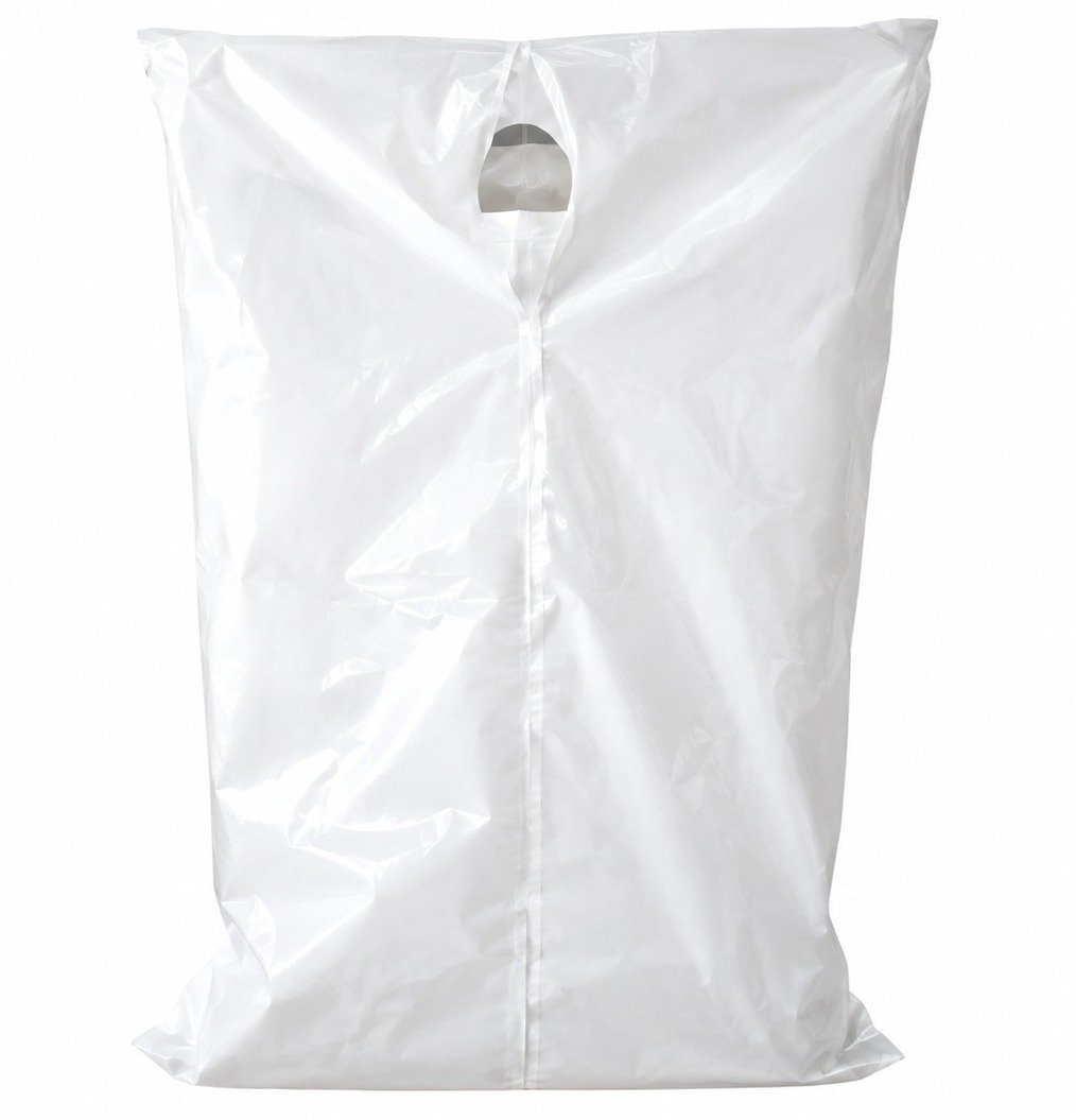 Bolsa blanca extendida sobre fondo claro con abertura visible en el extremo superior