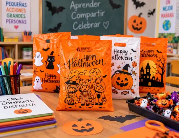 Bolsas plásticas de Halloween preparadas para una actividad institucional