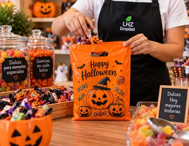 Bolsa plástica de Halloween junto a dulces empacados