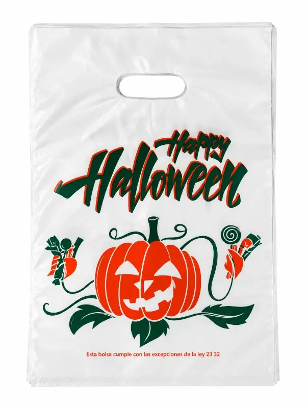 Bolsa plástica blanca con calabaza naranja, dulces y mensaje Happy Halloween