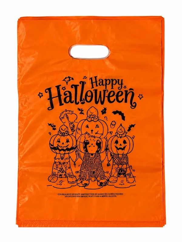 Bolsa plástica naranja con personajes de calabaza y mensaje Happy Halloween