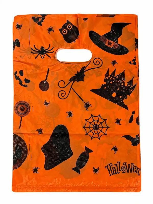 Bolsa plástica naranja con fantasmas, telarañas y sombrero de bruja