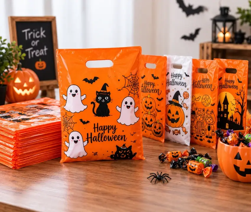 Bolsas plásticas tipo boutique para Halloween con manija troquelada