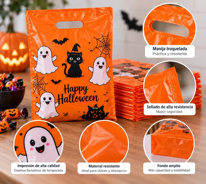 Características de las bolsas plásticas para Halloween con manija troquelada