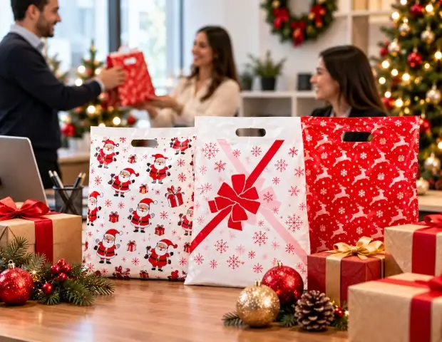 Presentación de obsequios empresariales con bolsas navideñas