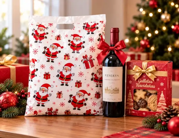 Presentación de regalo con vino y galletas navideñas