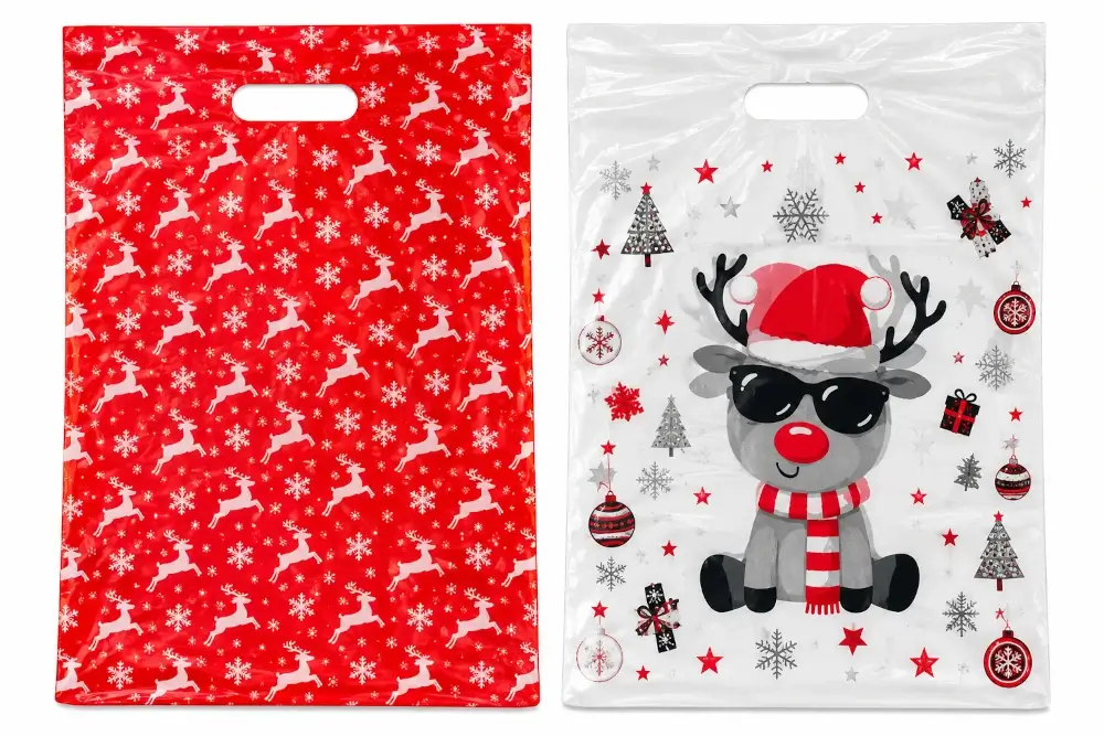 Composición de bolsas navideñas rojas y blancas con renos
