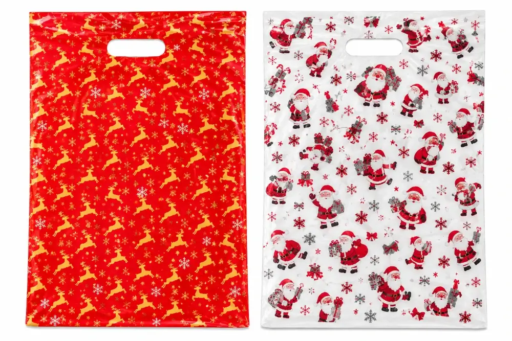 Composición de bolsas navideñas con renos y Papá Noel