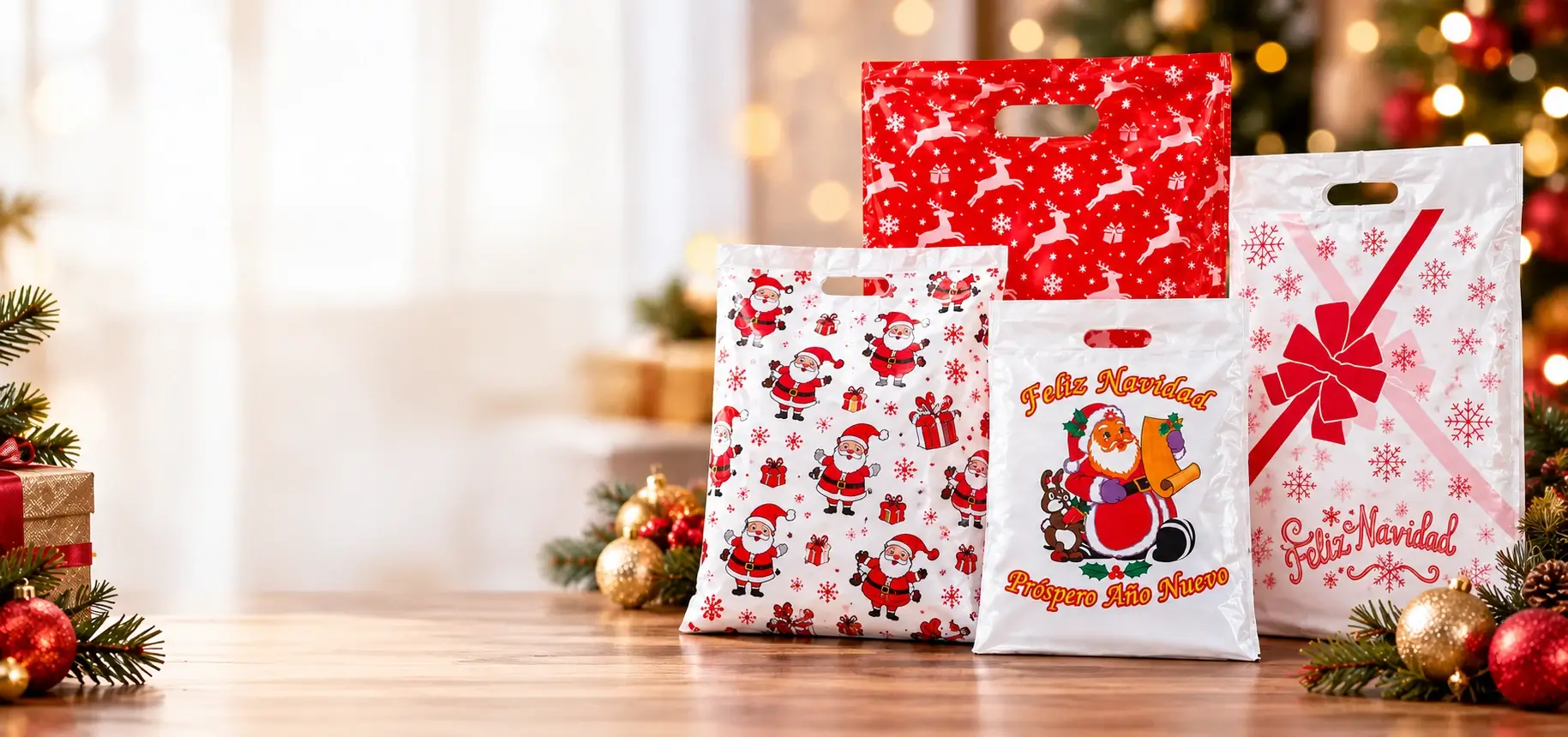 Bolsas con manija troquelada y motivos navideños en colores rojo y blanco