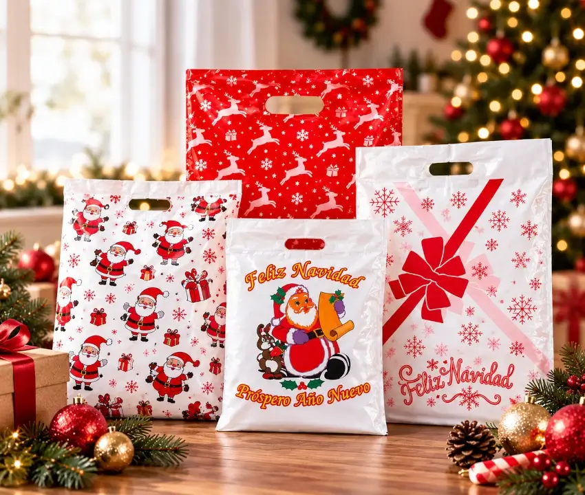 Presentación de bolsas navideñas estilo boutique con manija troquelada