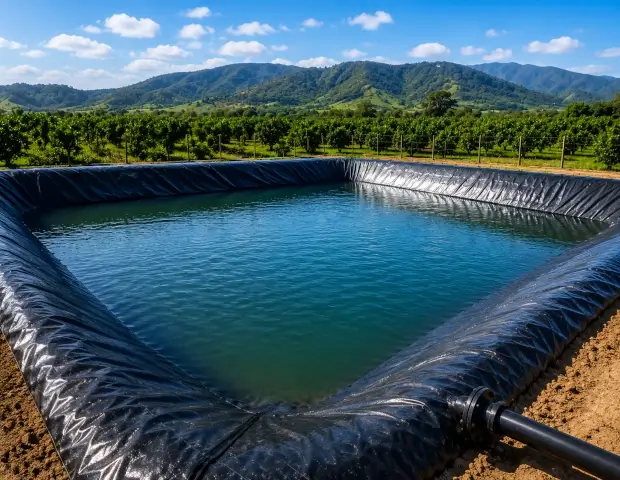 Reservorio agrícola revestido con geomembrana impermeable