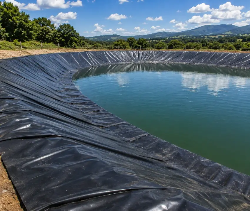 Geomembrana negra instalada en un reservorio de agua agrícola