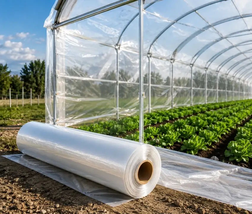 Rollo de plástico para invernadero instalado en una estructura agrícola