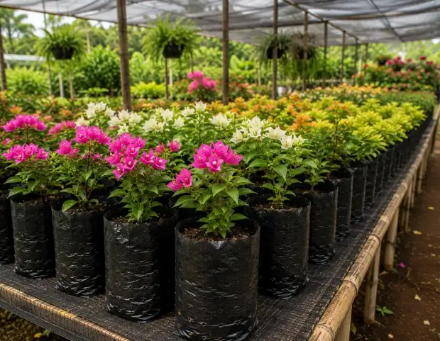 Plantas ornamentales organizadas en bolsas plásticas de vivero