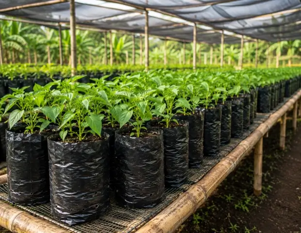 Plantas jóvenes cultivadas en bolsas dentro de un vivero agrícola