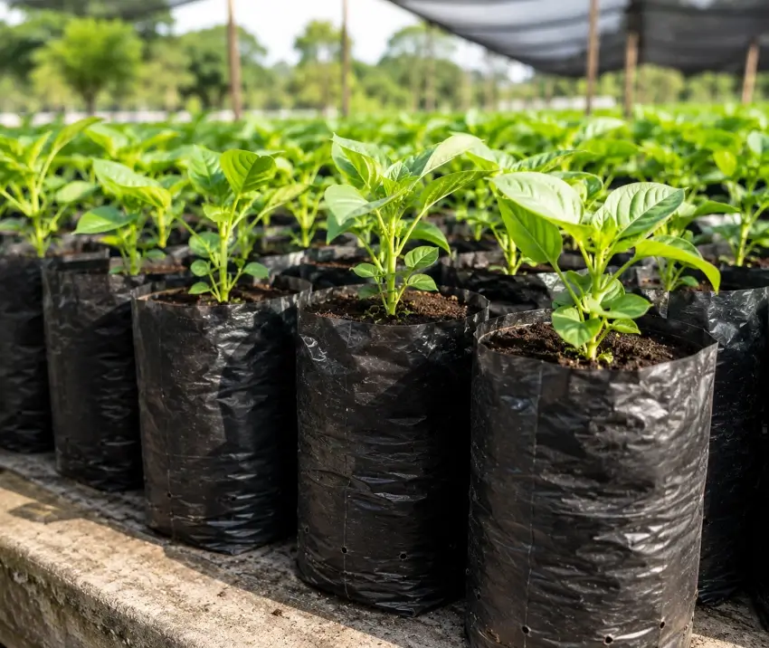 Plantas jóvenes cultivadas en bolsas negras para semilleros