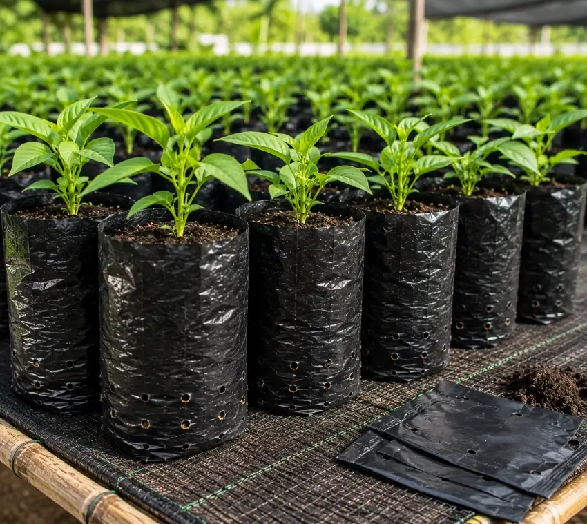 Bolsas para semilleros con plantas jóvenes organizadas en un vivero
